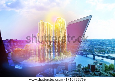 Young man with laptop and virtual image of buildings, closeup. Modern technology