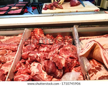 Fresh meat of pork and beef displayed in the fresh market