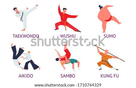 Men practicing different kinds of asian martial arts in special costumes and titles Royalty-Free Stock Photo #1710764329