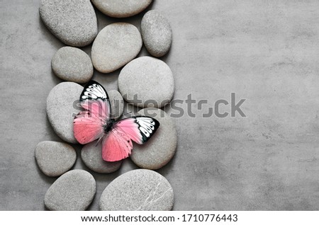 Gray spa stones on grey background and butterfly. Spa concept.