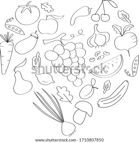 Fruits and vegetables drawn in doodle style, black outline coloring for children's art. Template for wallpaper or web design, vegetarian farming.