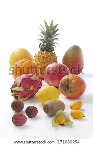 Exotic fruits variety still life on white background