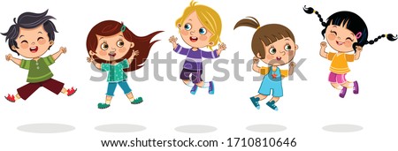 Cheerful kids jumping together.  Isolated vector illustration.