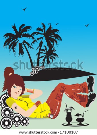 beautiful girl listening music on summer background, wallpaper
