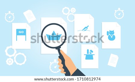 Document with search icons. File and magnifying glass. Analytics research sign. Vector Illustrationcat lucky file, document research vector illustration