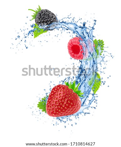 Different berries: strawberry, raspberry and blackberry with leaves in water splashes isolated on white background.