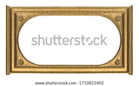 Panoramic golden frame for paintings, mirrors or photo isolated on white background. Design element with clipping path