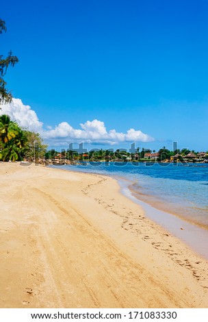 Tropical panoramic beach in Dominican Republic. Summertime vocation on the untouched tropical beach in Dominican Republic. Tropical life. Native typical caribbean islands life.
