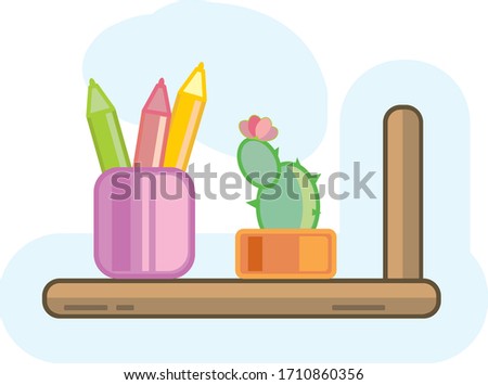 Flower shelf with an orange pot and a cactus and pencils.