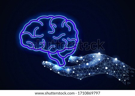 Brain icon on hand , neon effect design isolated dark background