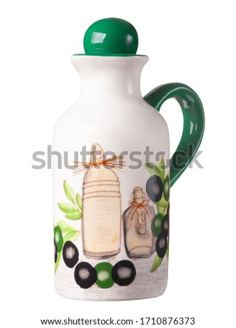 Beautiful ceramic jug with a picture for olive oil isolated on a white background.