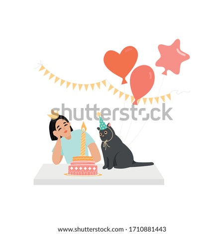 Birthday greeting banner template with funny girl and cat, cake, balloons and garlands.
Vector cartoon illustration in flat style.