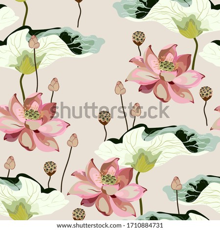 Large pink flowers, inflorescences, buds and lotus leaves on a light beige, cream background. Vector seamless floral illustration. Square repeating design template for fabric, wallpaper, invitation.