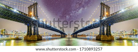Futuristic sci-fi city and commercial office buildings with bridges and stars at night.