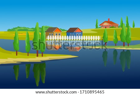 Houses by the river, farmland in the countryside landscape, vector