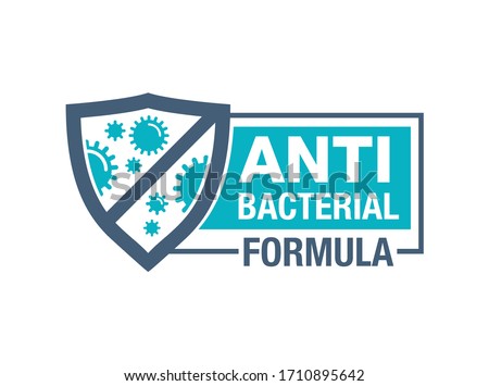 Antibacterial formula horizontal stamp - shield with crossed bacterias inside - vector isolated sign for antiseptic cosmetics and medical pharmaceutical products  Royalty-Free Stock Photo #1710895642
