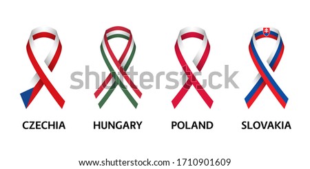 Set of four Czech, Hungarian, Polish and Slovak stripe ribbons. Pray for Czech Republic, Hungary, Poland and Slovakia. Independence day. Simple icons with flags isolated on a white background
