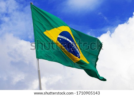 Real fabric brazilian flag fluttering in a summer afternoon