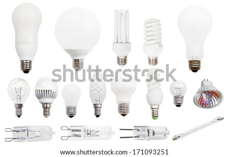 set of incandescent, compact fluorescent, halogen, LED light bulbs isolated on white background Royalty-Free Stock Photo #171093251