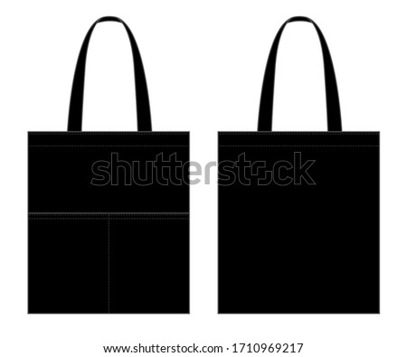 Flat Black Tote Bag With Double Pocket Vector For Template.