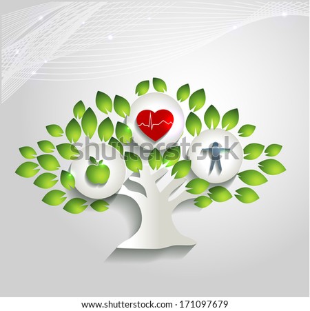 Healthy human concept. Tree with health care symbols.  Healthy food and fitness leads to healthy heart and life. Beautiful bright design.