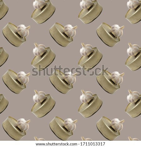Seamless pattern with pastel background with garlic and a tin can. Minimum stocks of products for self-isolation. Stay at home. Stay self.