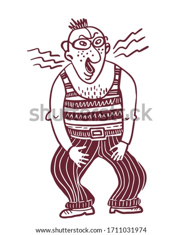 middle-aged man with glasses angry, sketch, hand drawn emotional character, isolated digital vector illustration