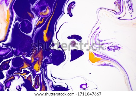 Fluid art texture. Abstract backdrop with mixing paint effect. Liquid acrylic picture that flows and splashes. Mixed paints for website background. Violet, white and golden overflowing colors