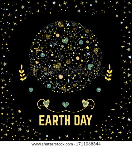Poster Earth Day with earth in cosmos and starry frame and text earth day isolated on the background of night sky. Festive vector illustration with planet and ecology topic