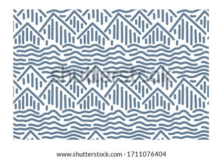 Abstract seamless pattern with blue ink waves and mountains. 