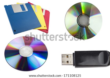 USB ,dvd,cd,floppy disk close up on white background