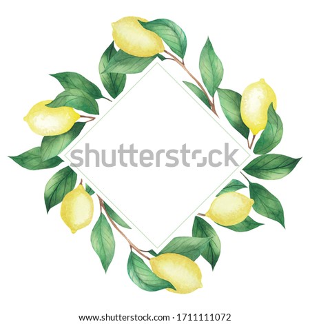 Watercolor frame invitation of lemons and green branches, leaves. Rhombus frame isolated on a white background