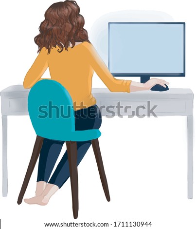 the girl works at home for a computer