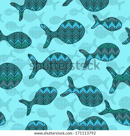 fish zigzag on a blue background. Use as wallpaper, pattern fill or a sea backdrop. seamless texture
