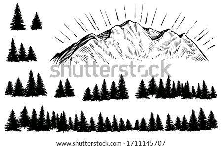 Vector mountain with forest silhouette. Sketch rocky peak with sun rays and pine trees.