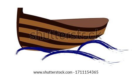 illustration of a wooden boat, on the waves, on a white background