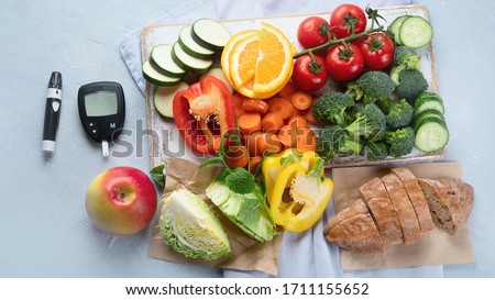 Low glycemic healthy foods for  diabetic diet. Food with foods high in vitamins, minerals,  antioxidants, smart carbohydrates. Top view  Royalty-Free Stock Photo #1711155652