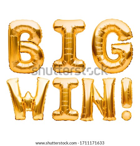 Golden words BIG WIN made of golden inflatable balloons isolated on white. Gold foil helium balloons, sign for online casino, poker, roulette, slot machines, card games. Gambling games banner