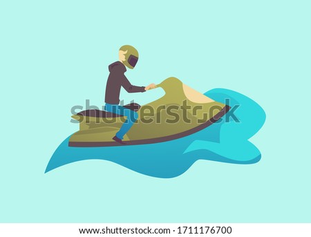 Man cartoon character on water bike or jetski vehicle, flat vector illustration isolated on blue background. Aquabike or hydrocycle icon a motorised transport for sea.