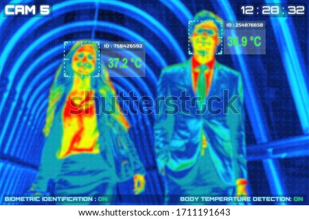 Simulation of body temperature check by thermoscan or infrared thermal camera for against epidemic flu covid19 or corona virus Royalty-Free Stock Photo #1711191643