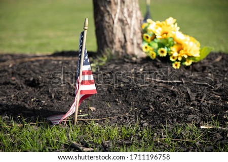 Close-up of an American flag on green grass with flower honoring veterans for Memorial/Veterans day
