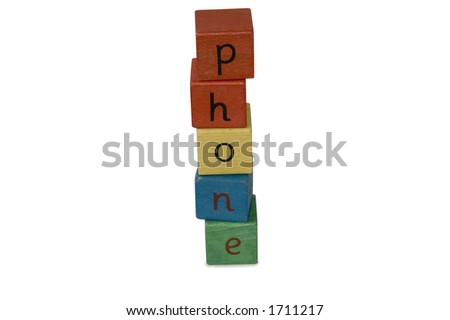 isolated building blocks spelling phone with clipping path for editing