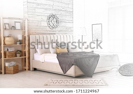Stylish room with big comfortable bed. Illustrated interior design