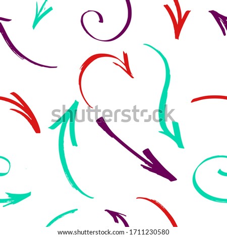 Hand Drawn Seamless Arrow Pattern Background. multicolored smoothly curved arrows and rings are randomly located.