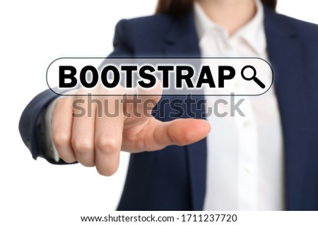Businesswoman touching virtual screen with word BOOTSTRAP in search bar against white background, focus on hand