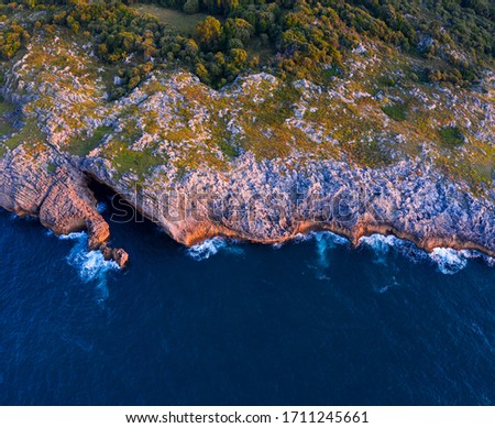 Aerial View of a karstic coastline in Islares village by the Cantabrian Sea in Cantabria Autonomous Community of Spain in Europe