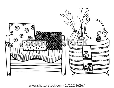 vector interior set of coach with pillows and chest of drawers with plants on the vases