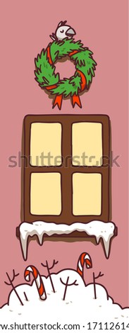 Colorful cartoon winter snowy house window with wreath and snowdrift with candies. Vector hand drawn illustration. 