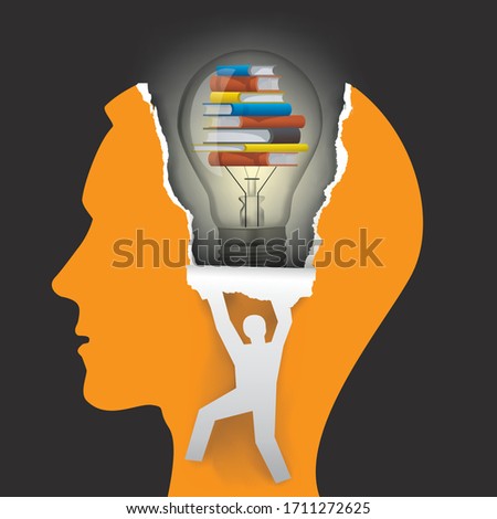 Student, knowledge and creativity, education concept. 
Male head in profile male silhouette ripping paper  with light bulb and books. Vector available.