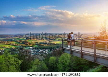 Saarland, Germany, scenic view from Schaumberg platform over landscape with sunset Royalty-Free Stock Photo #1711293889